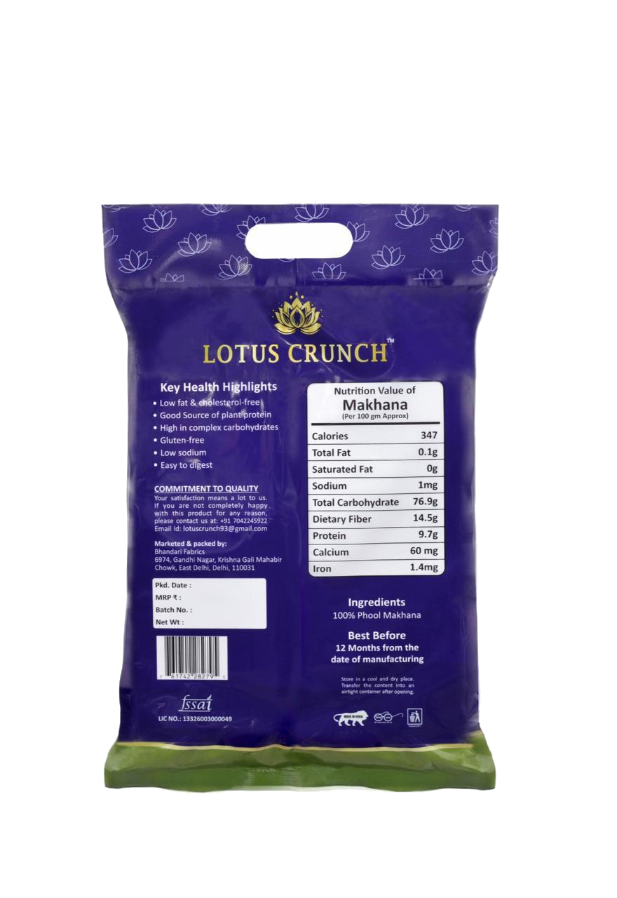 Reverse of the Lotus Crunch bag showing nutrition table and key health highlights.