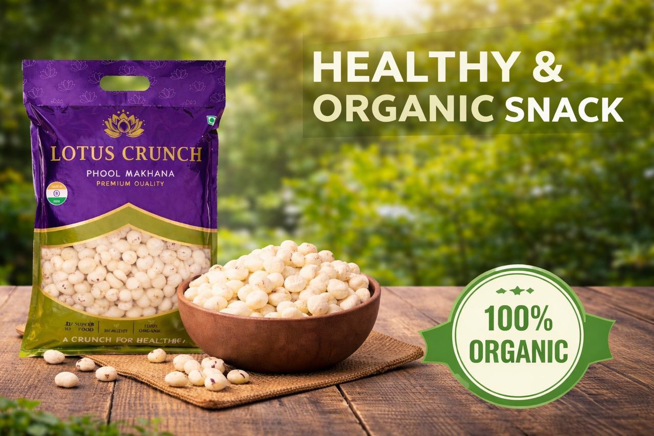 A wooden bowl filled with crisp, ivory phool makhana on a rustic table with the Lotus Crunch bag in the background.